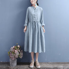 Autumn Cotton Linen Stand Collar Long Sleeve Dress