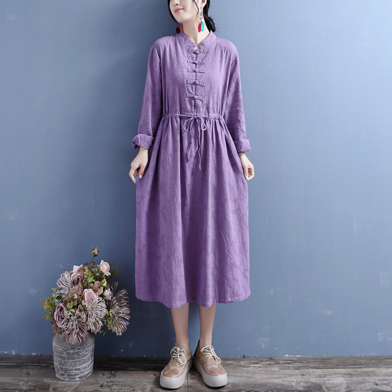 Autumn Cotton Linen Stand Collar Long Sleeve Dress