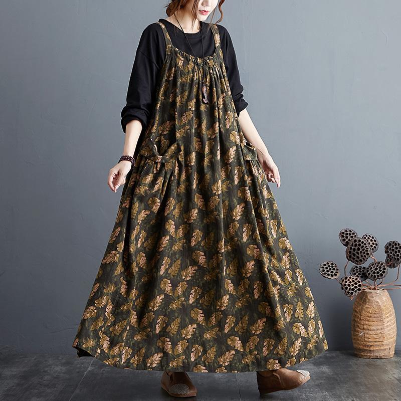 Autumn Ethnic Loose Cotton Printed Floral Strap Dress