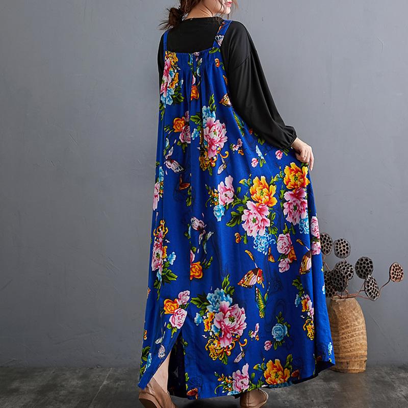 Autumn Ethnic Loose Cotton Printed Floral Strap Dress