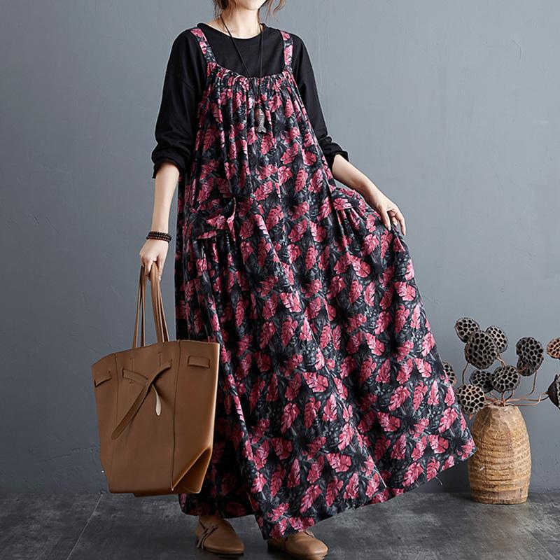 Autumn Ethnic Loose Cotton Printed Floral Strap Dress