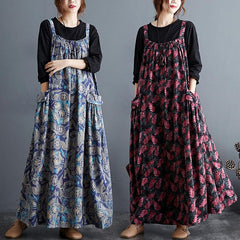 Autumn Ethnic Loose Cotton Printed Floral Strap Dress