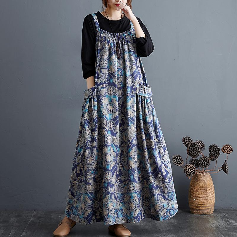 Autumn Ethnic Loose Cotton Printed Floral Strap Dress