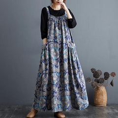 Autumn Ethnic Loose Cotton Printed Floral Strap Dress