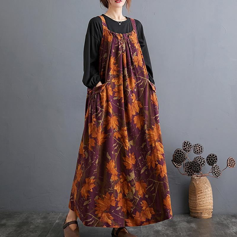 Autumn Ethnic Loose Cotton Printed Floral Strap Dress