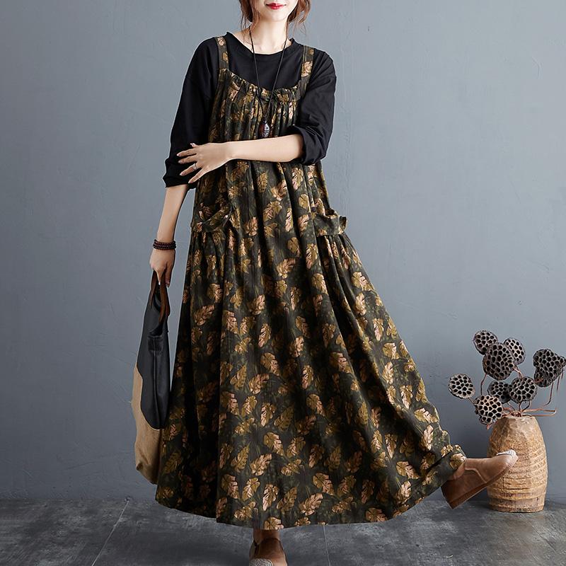 Autumn Ethnic Loose Cotton Printed Floral Strap Dress