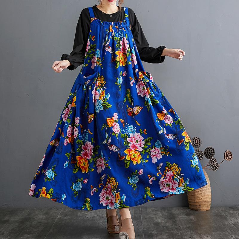 Autumn Ethnic Loose Cotton Printed Floral Strap Dress