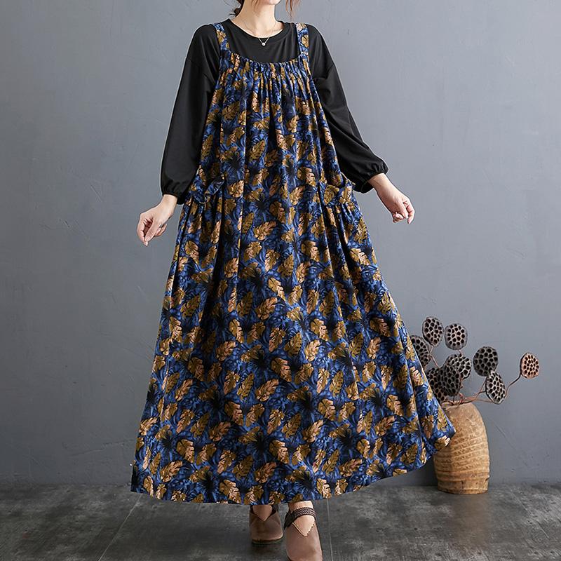 Autumn Ethnic Loose Cotton Printed Floral Strap Dress