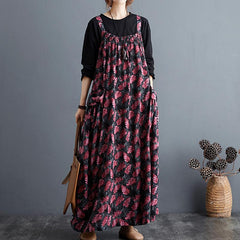 Autumn Ethnic Loose Cotton Printed Floral Strap Dress