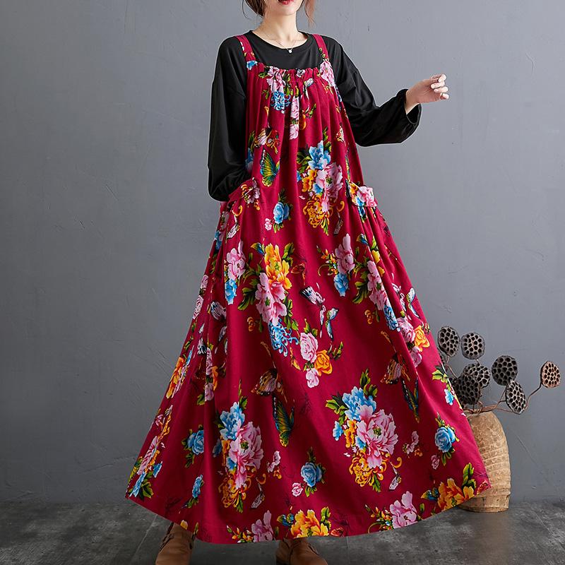 Autumn Ethnic Loose Cotton Printed Floral Strap Dress