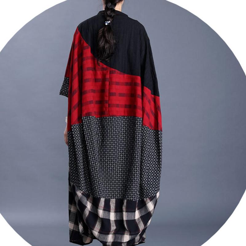 Autumn Plaid Stitching Over  Knee Cotton And Linen Trench Coat