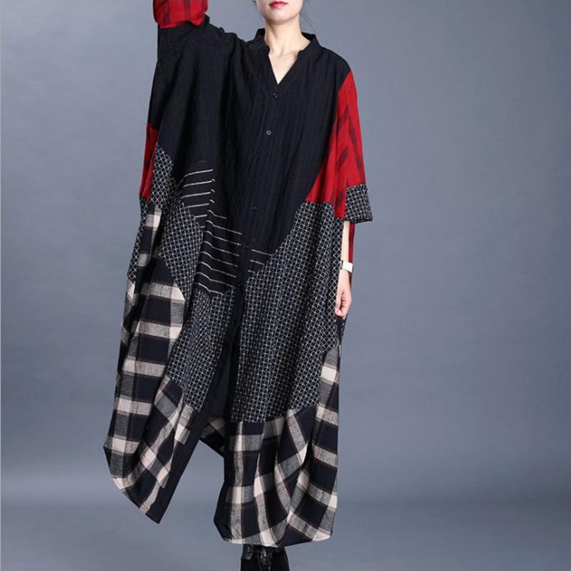 Autumn Plaid Stitching Over  Knee Cotton And Linen Trench Coat