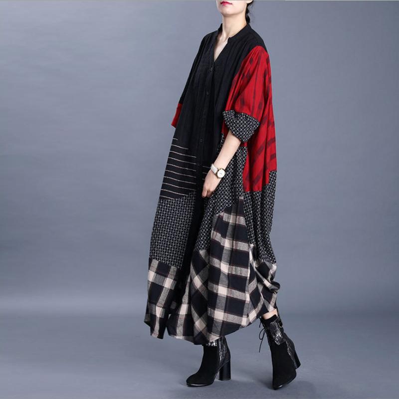 Autumn Plaid Stitching Over  Knee Cotton And Linen Trench Coat