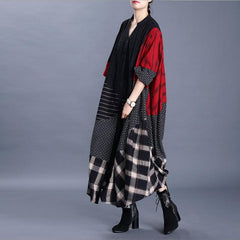 Autumn Plaid Stitching Over  Knee Cotton And Linen Trench Coat