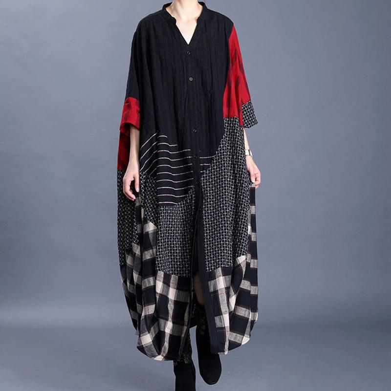 Autumn Plaid Stitching Over  Knee Cotton And Linen Trench Coat