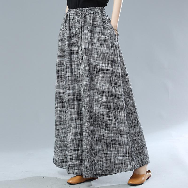 Autumn Plus Size Linen Plaid Wide-Leg Pants