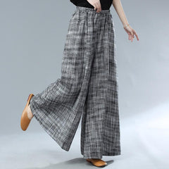 Autumn Plus Size Linen Plaid Wide-Leg Pants