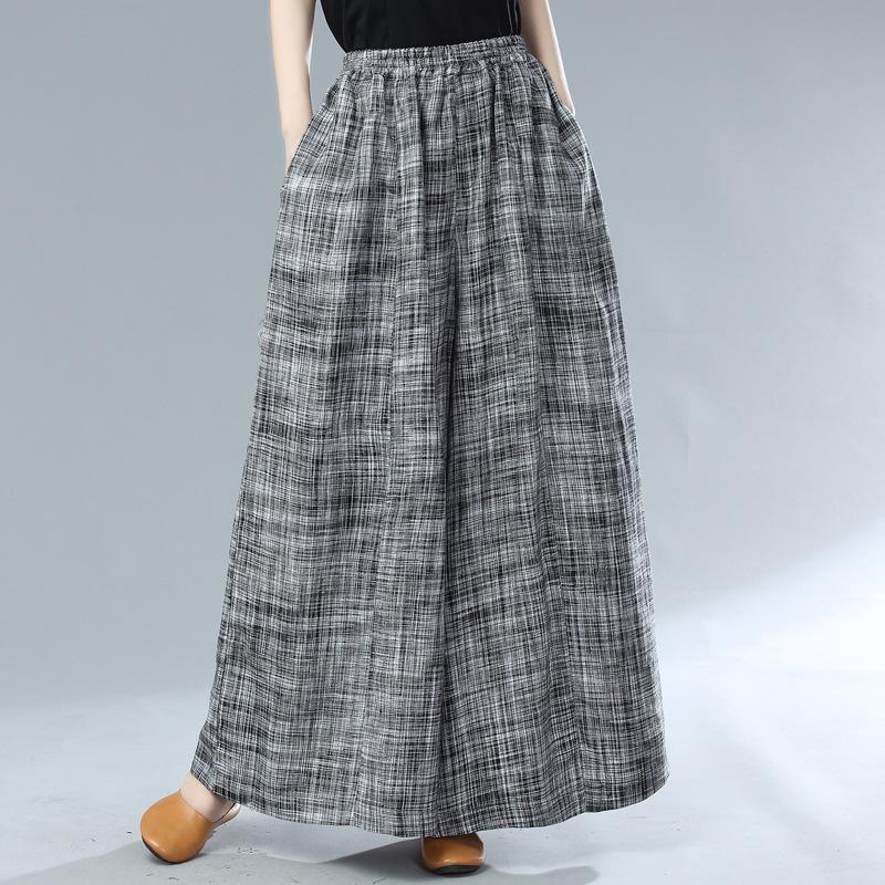 Autumn Plus Size Linen Plaid Wide-Leg Pants