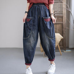 Autumn Plus Size Navy Retro Casual Cotton Denim Pants