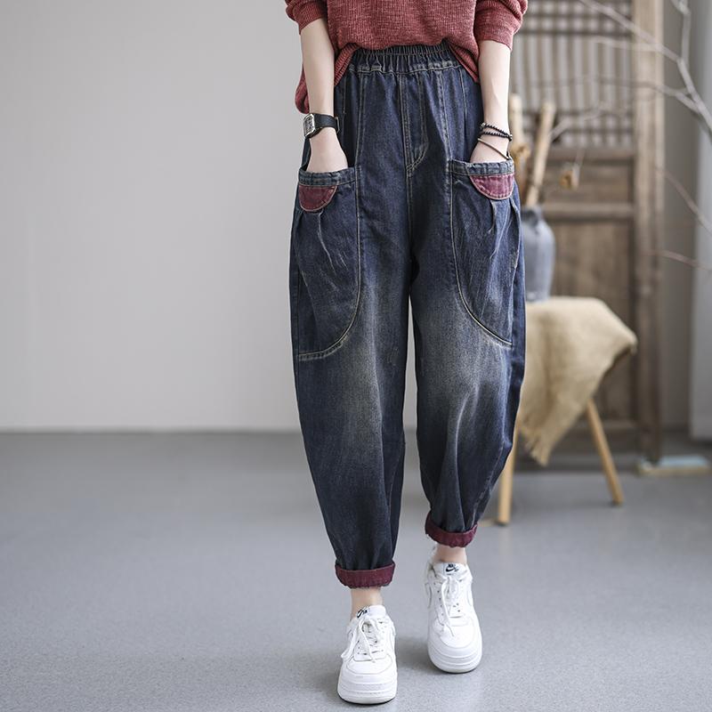 Autumn Plus Size Navy Retro Casual Cotton Denim Pants