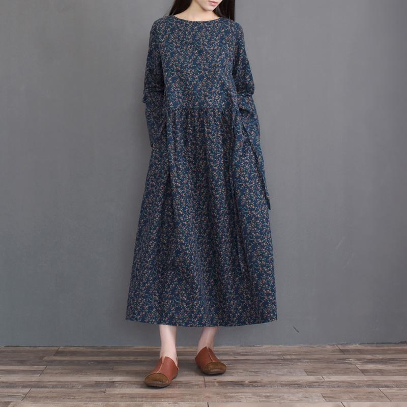 Autumn Retro Cotton Long-sleeved Floral Dress