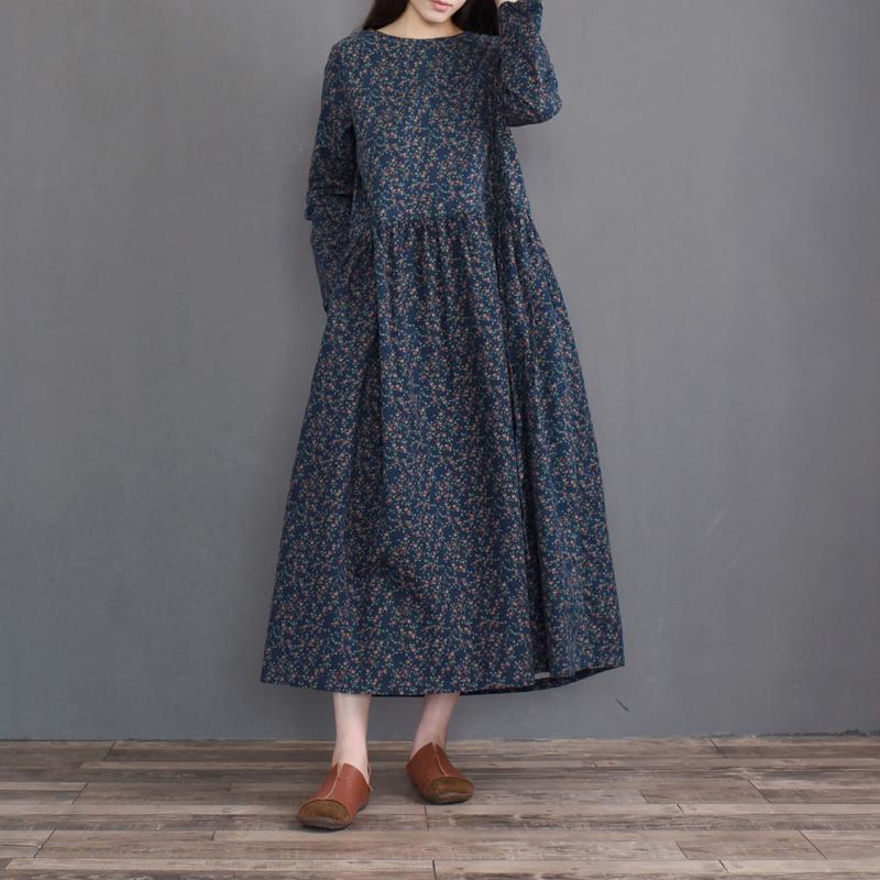 Autumn Retro Cotton Long-sleeved Floral Dress