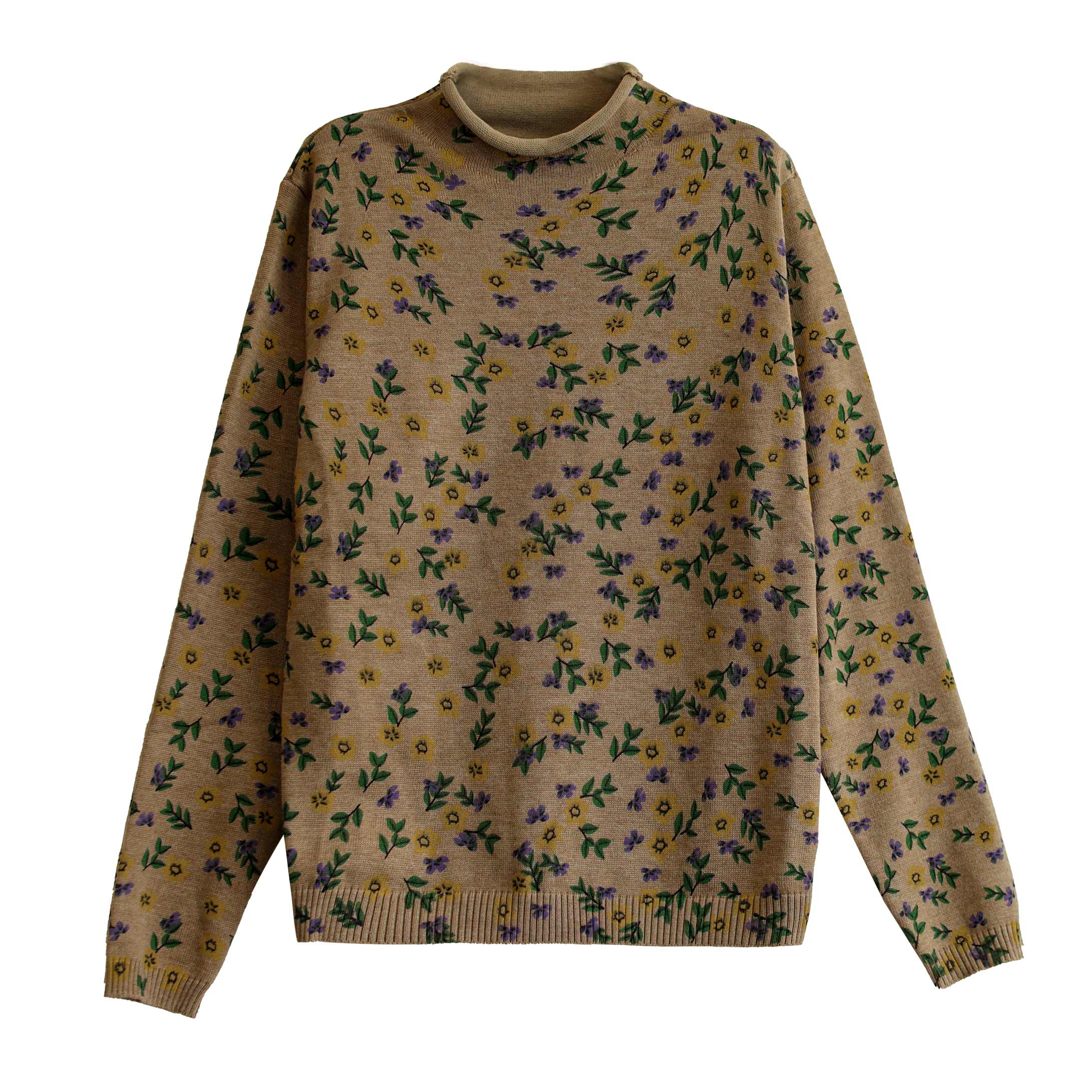 Autumn Retro Floral Turtleneck Cotton Knitted Sweater