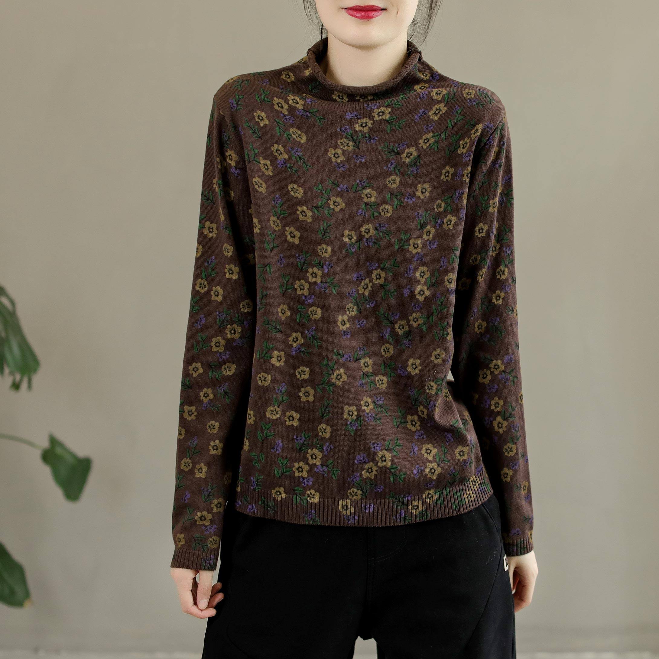 Autumn Retro Floral Turtleneck Cotton Knitted Sweater