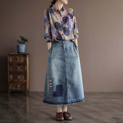 Autumn Retro Hollow A-Line Denim Skirt