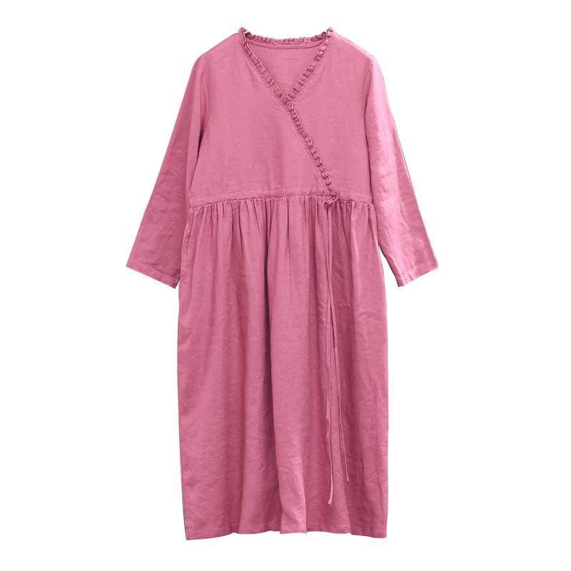 Autumn Retro Loose Casual V-Neck Linen Dress