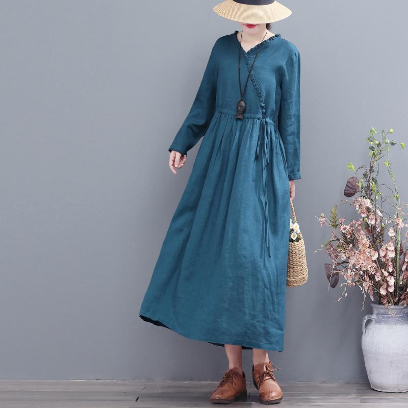 Autumn Retro Loose Casual V-Neck Linen Dress