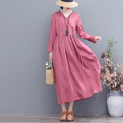 Autumn Retro Loose Casual V-Neck Linen Dress