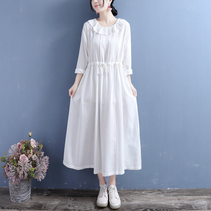 Autumn Retro Loose Cotton Linen Pleated Dress