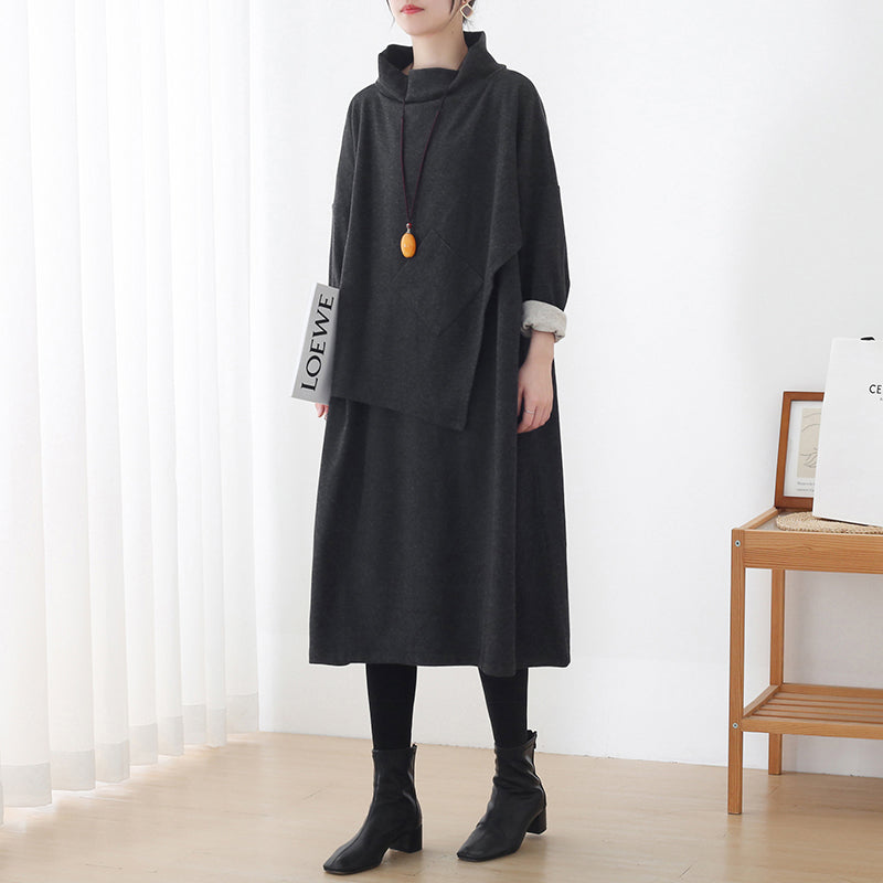 Autumn Retro Solid Cotton Loose Midi Dress