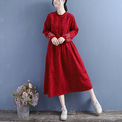 Autumn Retro Solid Embroidery Cotton Linen Dress