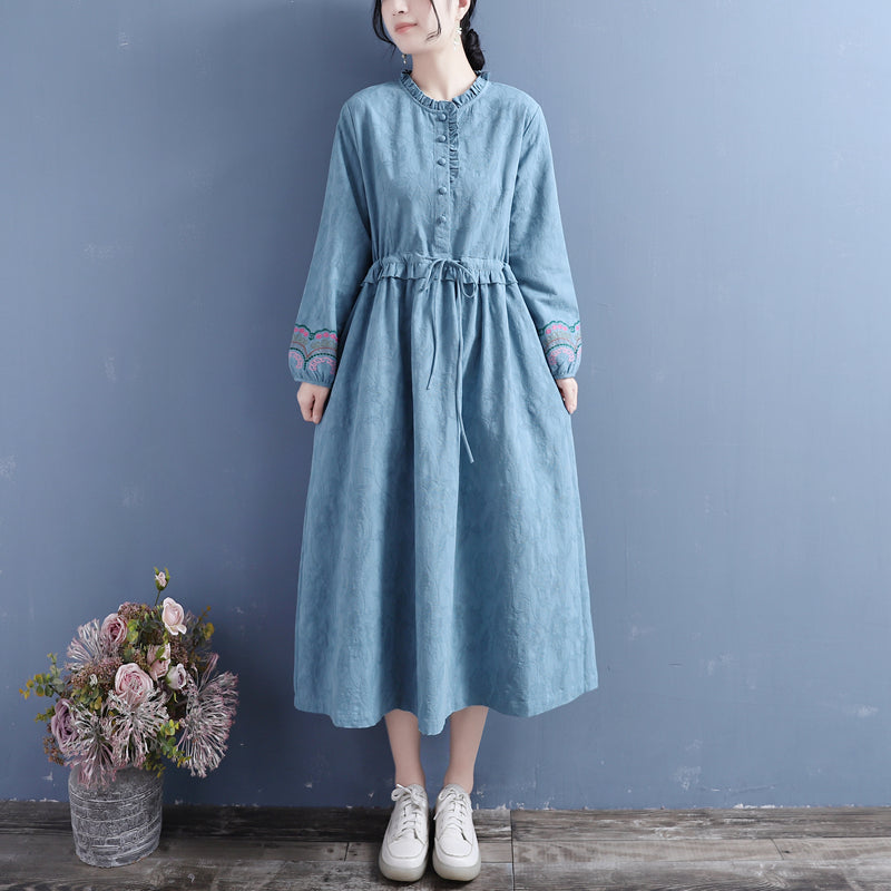 Autumn Retro Solid Embroidery Cotton Linen Dress