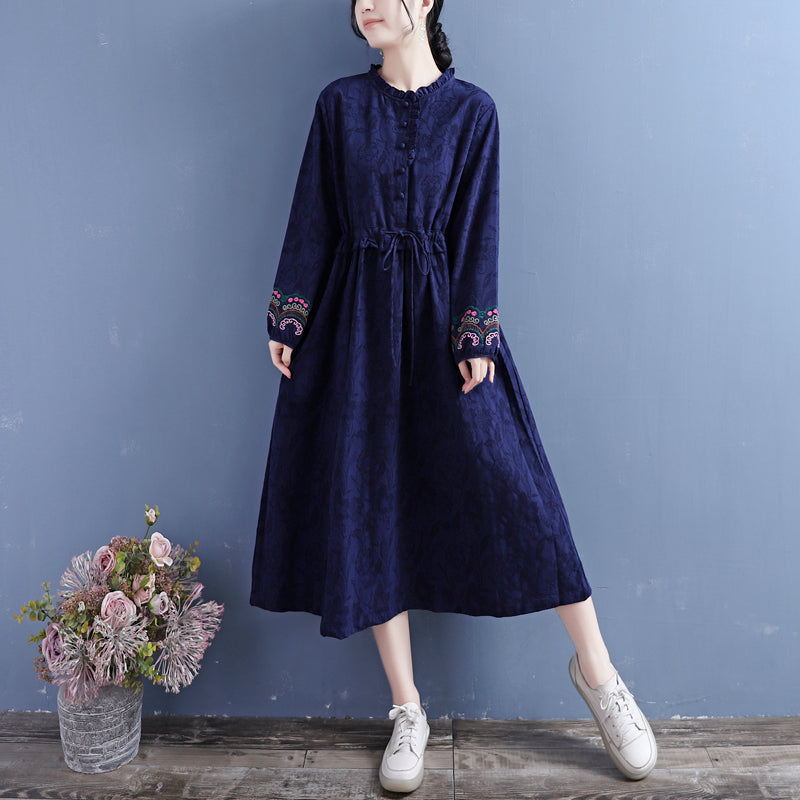 Autumn Retro Solid Embroidery Cotton Linen Dress