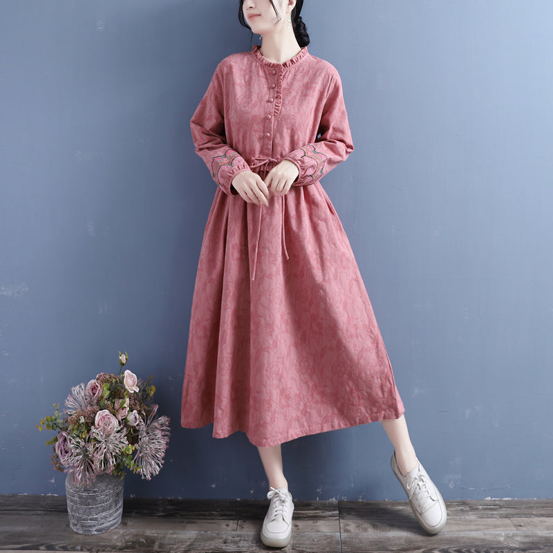 Autumn Retro Solid Embroidery Cotton Linen Dress