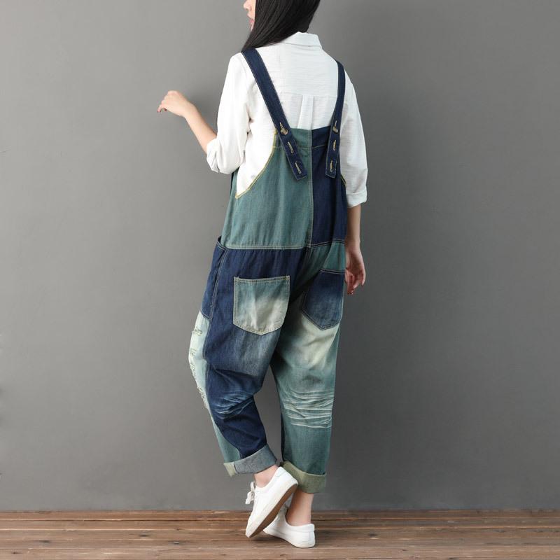 Autumn Ripped Patchwork Loose Casual Cotton Denim Jumpsuit