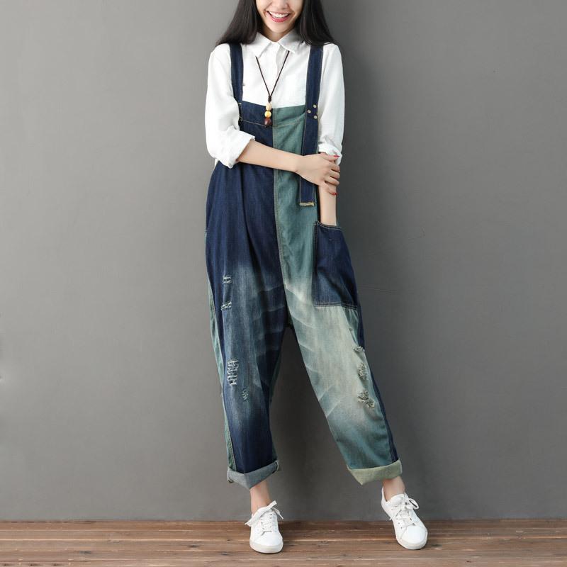 Autumn Ripped Patchwork Loose Casual Cotton Denim Jumpsuit