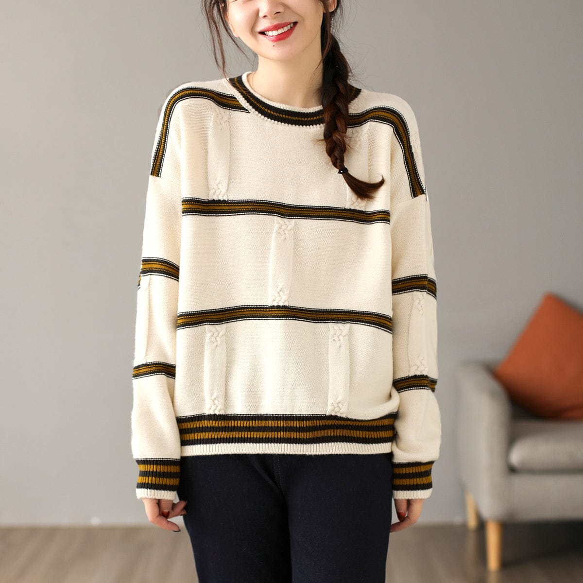 Autumn Winter Casual Loose Stripe Knitted Sweater