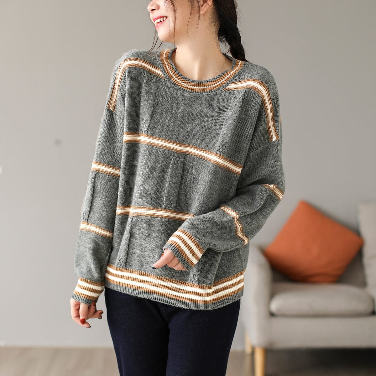 Autumn Winter Casual Loose Stripe Knitted Sweater