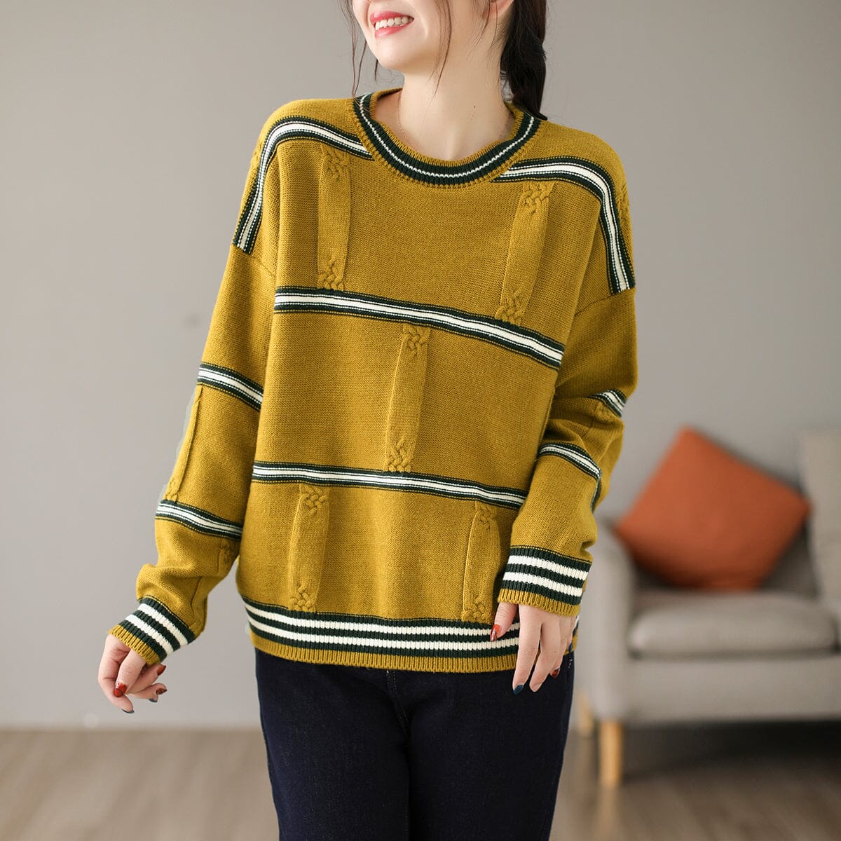 Autumn Winter Casual Loose Stripe Knitted Sweater