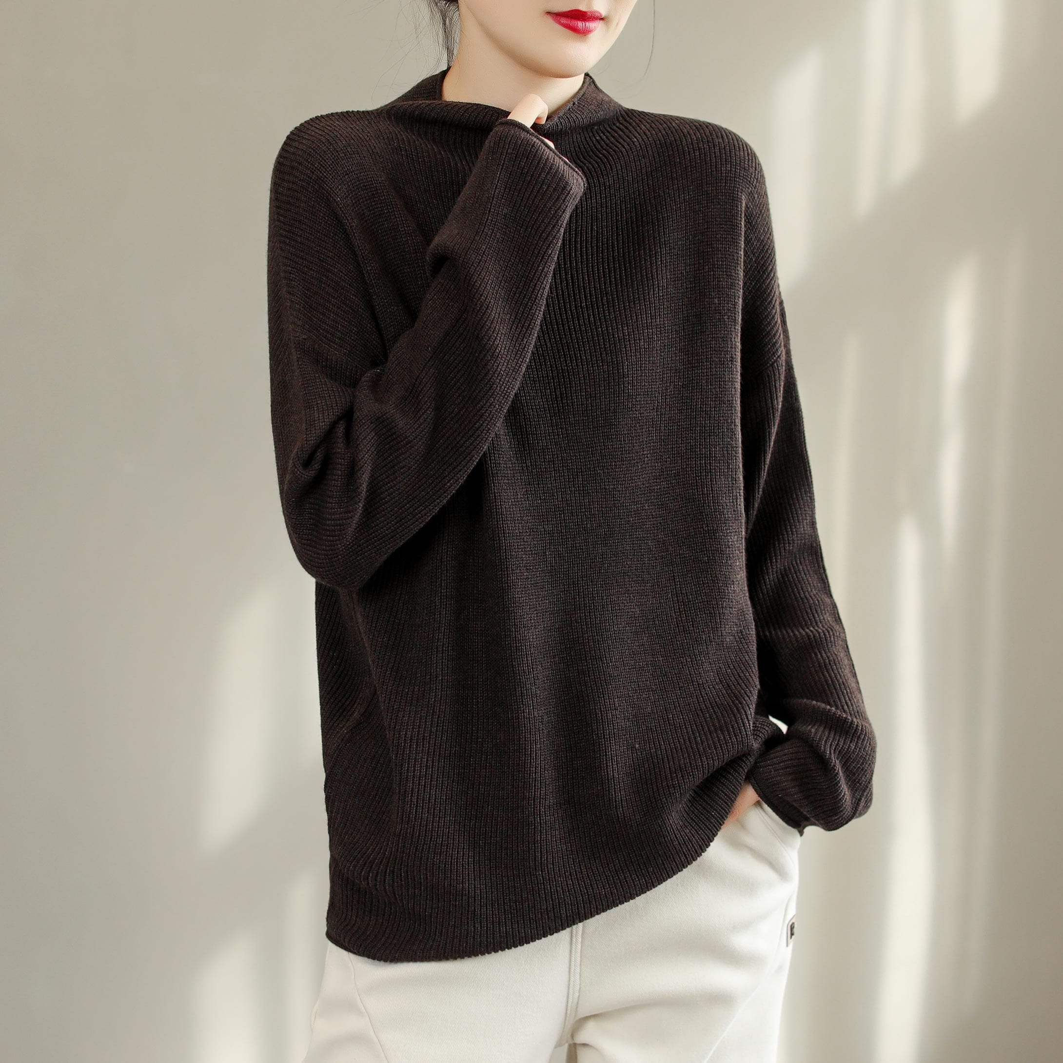 Autumn Winter Loose Solid Knitted Round Neck Sweater