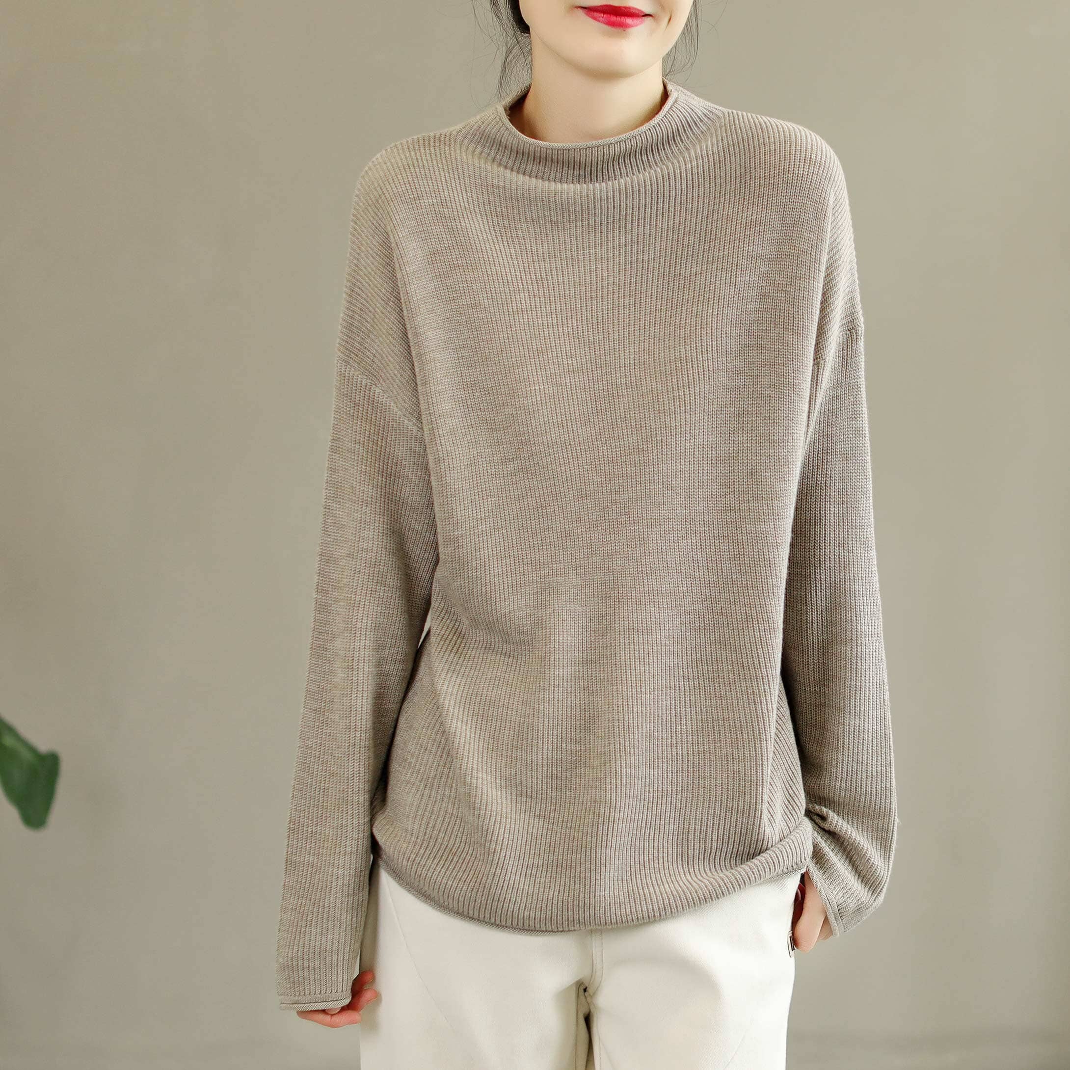 Autumn Winter Loose Solid Knitted Round Neck Sweater