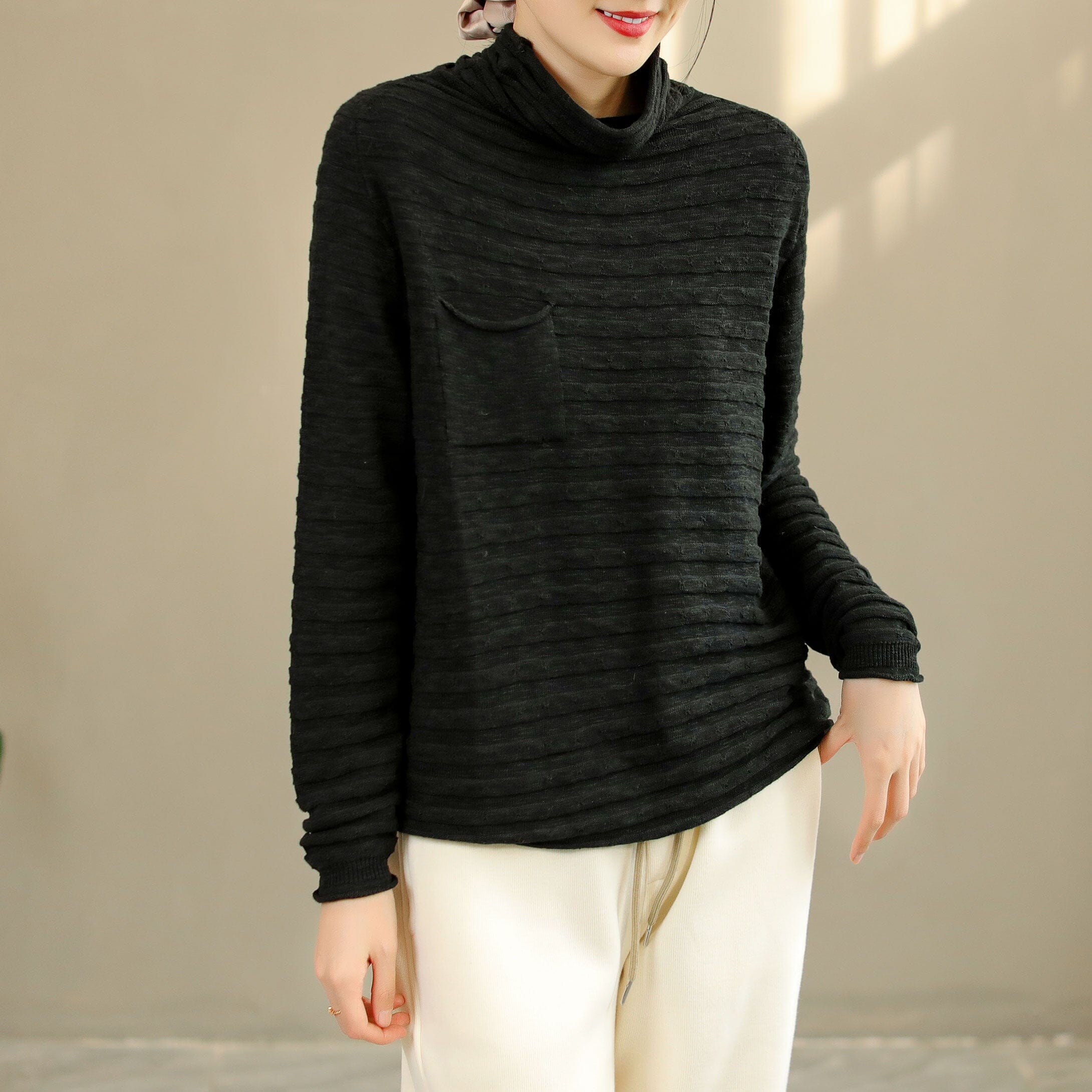 Autumn Winter Loose Solid Stripe Cotton Knitted Sweater