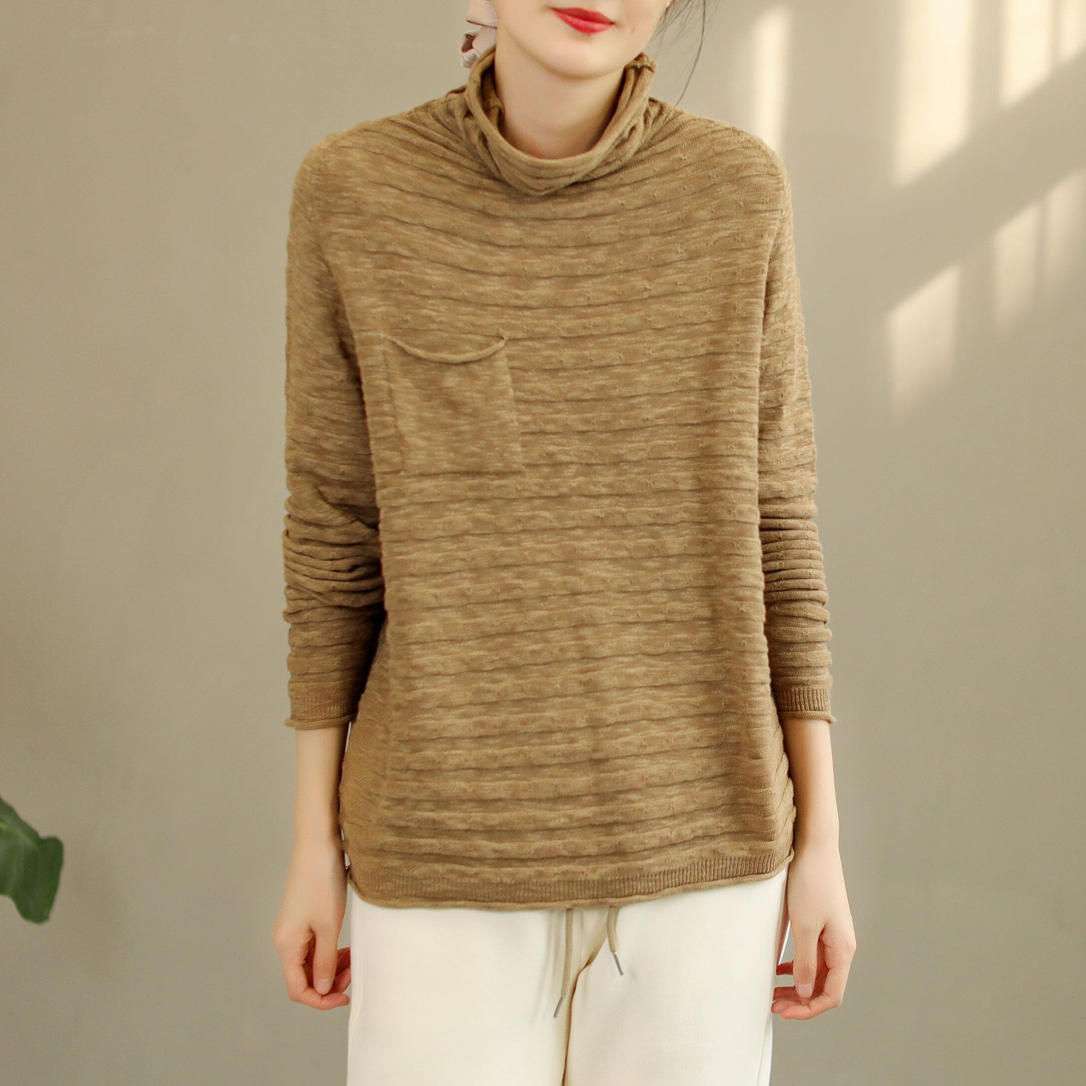 Autumn Winter Loose Solid Stripe Cotton Knitted Sweater