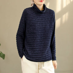 Autumn Winter Loose Solid Stripe Cotton Knitted Sweater