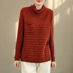 Autumn Winter Loose Solid Stripe Cotton Knitted Sweater