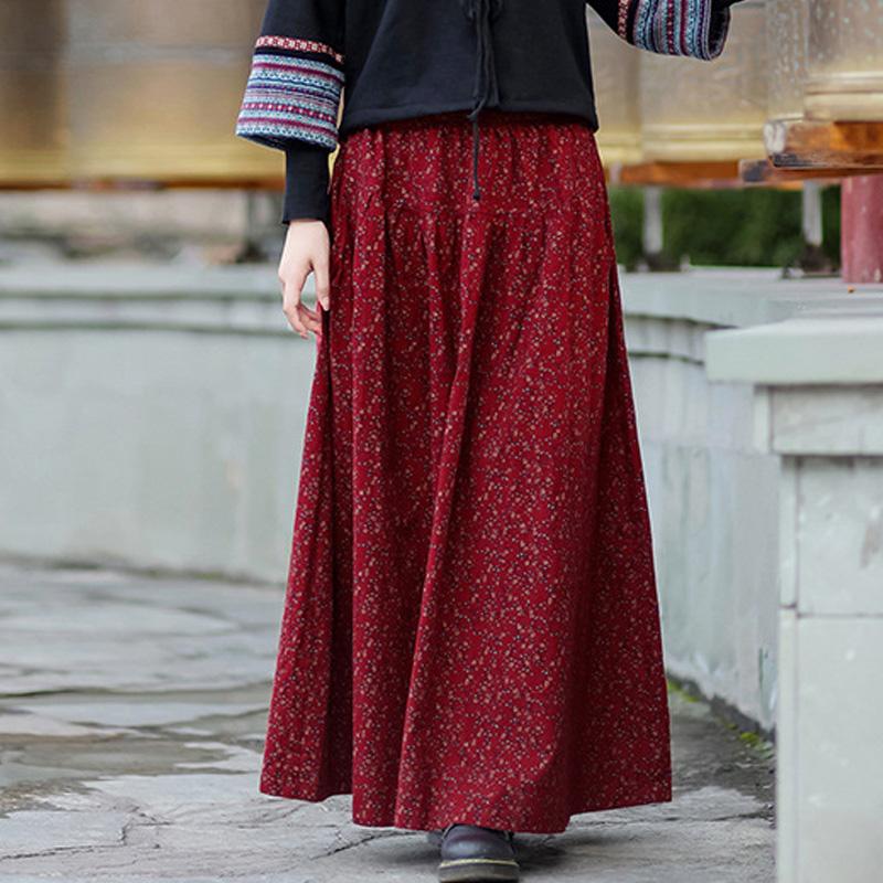 Autumn Winter Retro Cotton Linen Floral A-Line Skirt